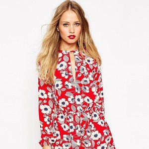 ASOS Romper in Red Poppy Print with Keyhole